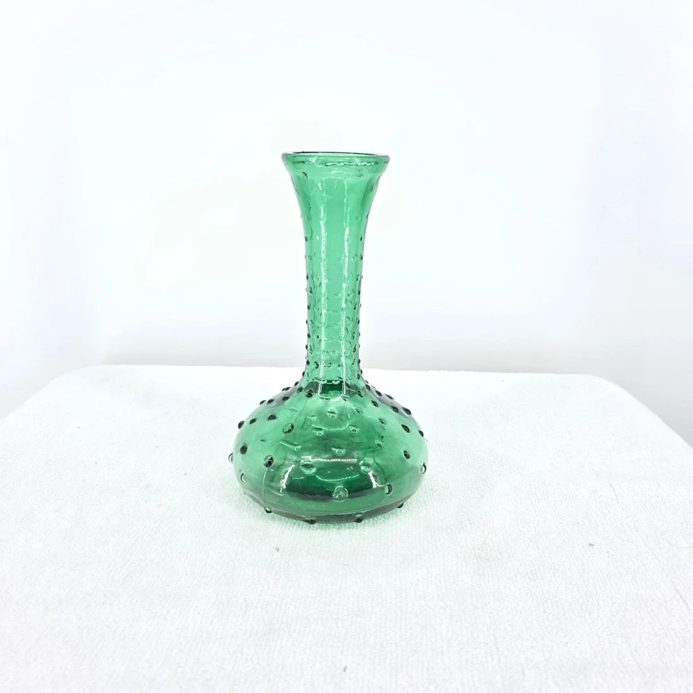 Vintage Emerald Green Glass Hobnail Bud Vase Mid Century Modern 7.5 Inch